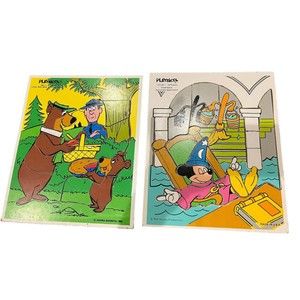 2 set Vintage 1980 Wooden Tray Puzzles Yogi Bear Boo Boo Fantasia Mickey Disney